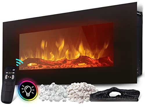 Heidenfeld Elektrokamin HF-WK300 - 𝟯 𝐉𝐀𝐇𝐑𝐄 𝐆𝐀𝐑𝐀𝐍𝐓𝐈𝐄 - 1500 Watt - LED Kamin mit 10 Farben - Fernbedienung - 3D Flammeneffekt - Wandkamin - Kaminofen (Schwarz 128.0 x 55.0 cm)