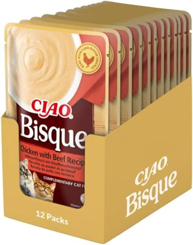 INABA CIAO Bisque di Pollo con Manzo, Cibo Umido per Gatti - Crema Sana e Deliziosa con Umidità Elevata - 12 Buste x 40 gr - Cibo per Gatti Complementare Senza Conservanti o Coloranti Artificiali