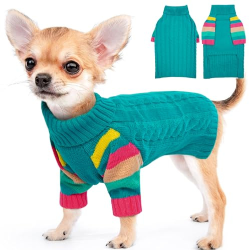 MHaustlie Kleiner Hundepullover, Warmer Hundesweater für kaltes Wetter, Strickwaren mit Rollkragen, Dicker Warmer Pullover, Hundesweater für Chihuahua, Bulldogge, Dackel, Mops, Yorkie (Blaugrün, S)
