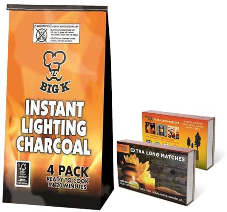 Big K Instant Light Barbecue Charcoal 4KG Briquettes Charcoal Grill Bags BBQ Coal with 1PK Bryant May Extra Long Matches Match Box for Outdoor Barbecues, Fire Pit, Camping or Picnics