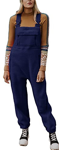 Ebifin Jumpsuits für Damen Lässiger Latzhose Arbeitshose Fleece Warme Overalls Winter Latzhosen mit Taschen.Dunkelblau.L