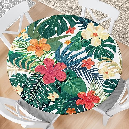 Eiuflka Round Fitted Tablecloth with Elastic Tropical Palm Leaves Outdoor Tablecloth Round Table Cover Waterproof Tablecloth for Kitchen Party Picnic Fits 40-44 Diameter Round Tables