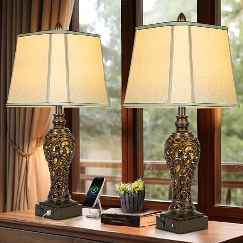 28.5 high Vintage Brown Table Lamps Set of 2 - Bedside Lamp with Faux Silk Shades - for Bedroom and Living Room with USB and Nightlight - Perfect for Nightstands and Bedrooms (Bulb Included)