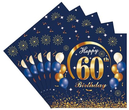Blau Silber Servietten 60. Geburtstag Mann Frau, 20 Stück 33 X 33cm Happy Birthday Papier Servietten 60 Deko, 2-Lagig Cocktail Serviette 60 Geburtstag für Feier Jubiläum Tischdekoration