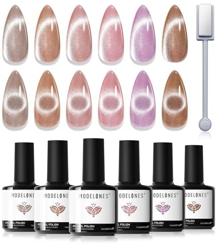 Modelones UV Nagellack,Gel Nagellack UV 6 Cat Eye Gel Farben,Glitzer Rosa Nude Braun Soak Off Nail Polish French Manicure DIY zu Hause