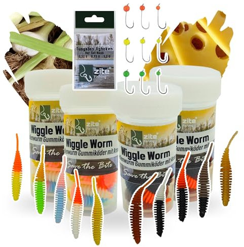 Zite Fishing Wiggle Worm Set - 5,5 cm Forellenköder in Natur & Neon - 40 Feinripp-Gummiköder + 9 Tungsten Jighaken - 100% phthalatfreie Gummiwürmer - Knoblauch- & Käsearoma