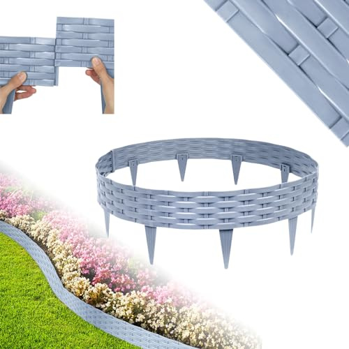 MAYTIIMO 5m Flexible Rasenkante aus Kunststoff in Rattan-Optik, Beetumrandung Beeteinfassung Beetbegrenzung Gartenpalisade Mähkante für Garten Wege (5er-Set, Grau)