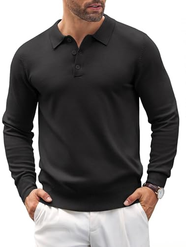 COOFANDY Mens Polo Jumper Long Sleeve Poloshirts Knitted Sweater Basic Sweatshirts Solid Color Pullover Black L