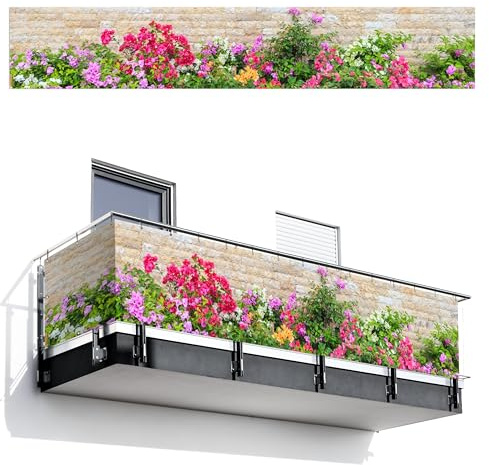 MuchoWow© Balkonsichtschutz Einseitig Groß PVC Terrassen Garten ohne Bohren | 90x500 cm - Wetterfest Balcony Privacy Screen Zaun Terrasse Balkondeko Garden Blumen - Farbenfroh - Steinoptik