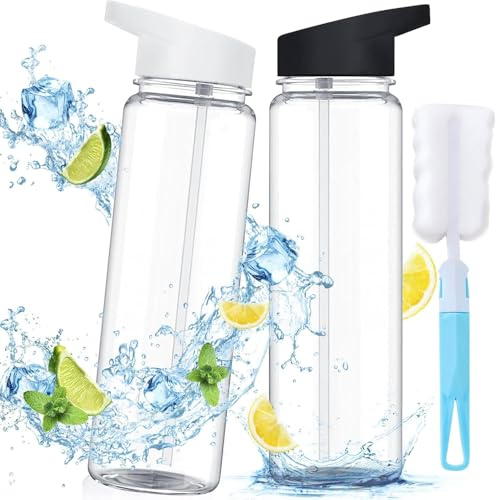 2PCS Leak Proof Sports exam Water Bottles,750ml Clear Plastic Bottles with Filter Flip-Top Lid and Reusable Design for Gym School Sports and Cycling Gift for Students Teachers Friends