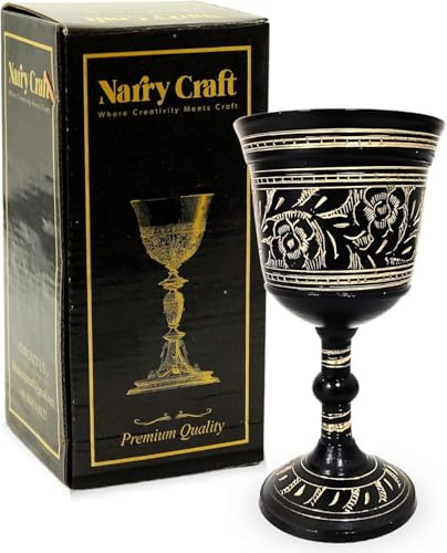 NARRY CRAFT Solid Brass Vintage Chalic Goblet Medieval Handmade Decorative Wine Glass Communion Cup with Royal Embossed Design 1Pcs (Without Box, Floral Black)