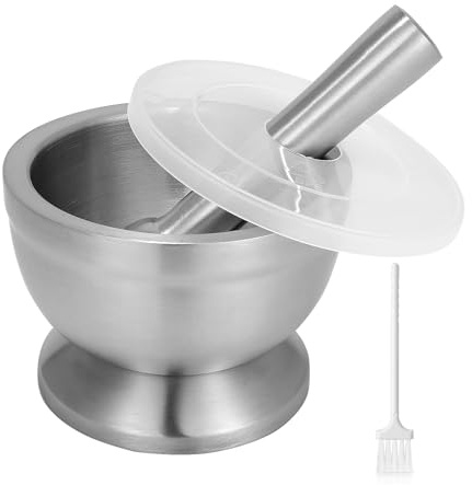 SVNR Mortar and Pestle Set, 304 Stainless Stee Mortar and Pestle Grinder Crusher with Plastic Lid and Cleaning Brush, Durable Kitchen Tool for Grinding, Crushing, and Mixing Spices, Herbs, and Garlic.