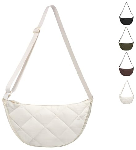 LOCCY Borsa a Mezzaluna per Donna, Borsa a Mezzaluna Portatile in Nylon, Borsa a Forma Di Gnocco, Borsa a Tracolla Regolabile in Nylon per Uso Quotidiano (Bianco Sporco)