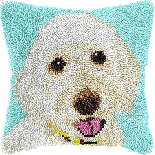 WallustrioaW Tier DIY Knüpfen Set Erwachsene,Ein weißer Hund,Knüpfkissen Set Zum Sticken Und Stricken,Geschenk Für Erwachsene/Anfänger,43x43cm