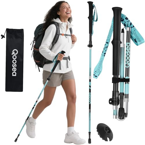 Qoosea Wanderstock für Damen, 1 Stück Premium Walking Stock Teleskop 110-125cm, [Kohlefaser] Faltbarer Trekkingstock mit Gummipuffer & Tasche, Hiking Pole für Wandern, Nordic Walking und Skitouren