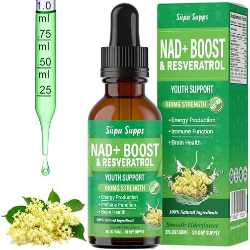 NAD+ Boost Liquid 60ml – Premium NAD Supplements High Strength Formula with Resveratrol Liquid, Elderflower Flavour, Easy Absorption – Supports Energy, Focus and Wellness – NAD Plus Supplements UK