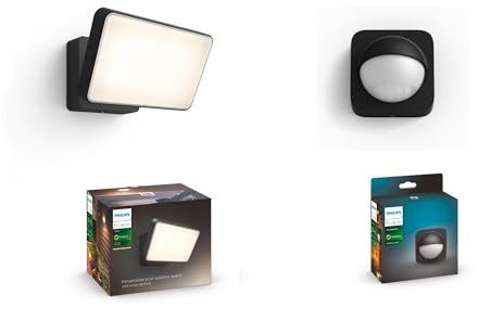 Philips Hue Outdoor Bundle – Kabelloser Bewegungssensor (IP54) + Welcome Flutlicht 15 W (2300 lm) – Smarte Gartenbeleuchtung mit Warmweißem Licht