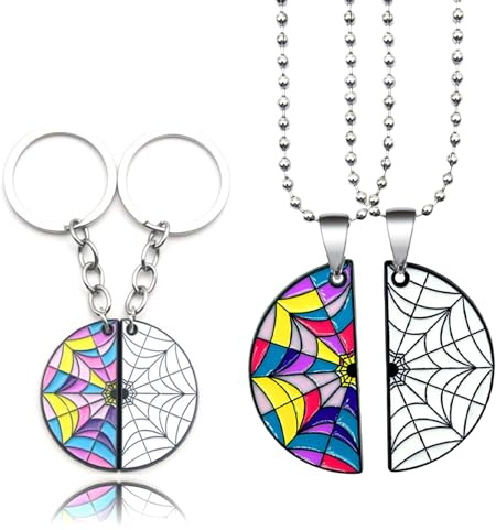 ElevaPulse Wednesday Schmuck Set, 2 Stück Spinnennetz Halskette Mit Schlüsselanhänger, Bff Matching Accessoires Für Frauen, Halloween Kostüm Zubehör, Freundschaftsgeschenk