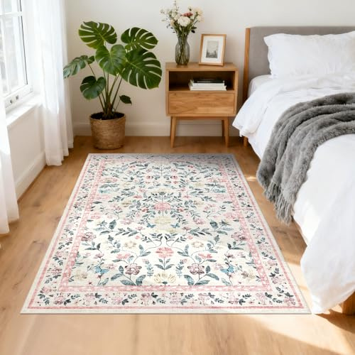 CAROMIO Washable Flower Area Rug 80x150 cm Low Pile Non-Slip Nursery Pink
