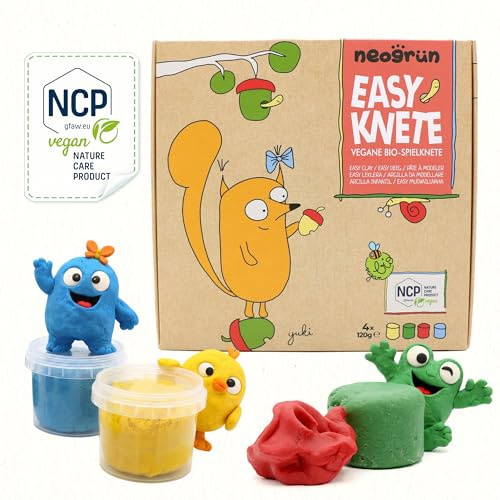 neogrün Bio-Knete Yuki für Kinder, ungiftig, ab 1 Jahr, 4 x 120g | Kinderknete und Modelliermasse, extra weich, lufttrocknend, vegan, mit Pflanzenfarben und Bio-Rohstoffen, NCP-zertifiziert