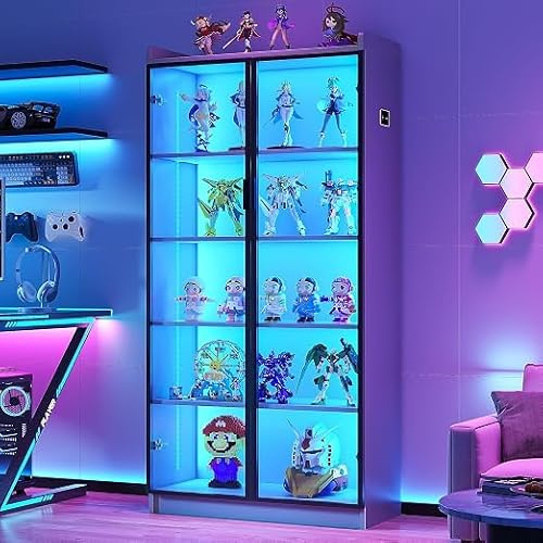 Gurexl 165 CM Vetrina Illuminata a LED,Vetrine Da Collezione con Ante In Acrilico E Ripiani Mobili,Vetrine a 5 Ripiani,Per Soggiorno,Ufficio,Cucina,Bar,Studio,Libri Da Collezione,Vino,Grigio