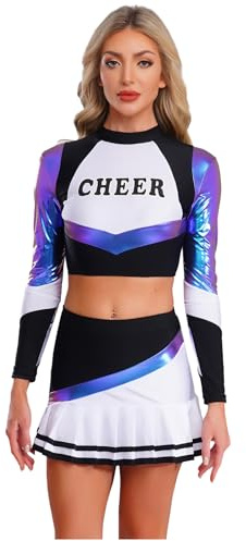 Yihuimin Halloween Cheer Leader kostym dam Cheerleading uniform kläder långärmad danstopp med kjol karneval kostym blå S