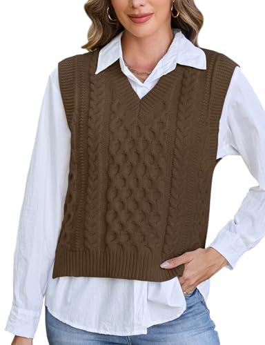 Tanst Sky Sweater Vest Tops for Women, Ladies V Neck Cable Knit Sweaters Sleeveless Ribbed Cropped Pullover Casual Solid Color Preppy Clothes Brown Coffee L
