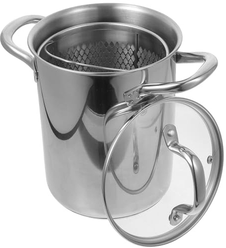 Olla Freidora de Acero Inoxidable 1 Juego con Cestillo | Color Plata, Diseño Antiadherente, Retiene Bien el Calor, para Alimentos Fritos y Uso Eléctrico