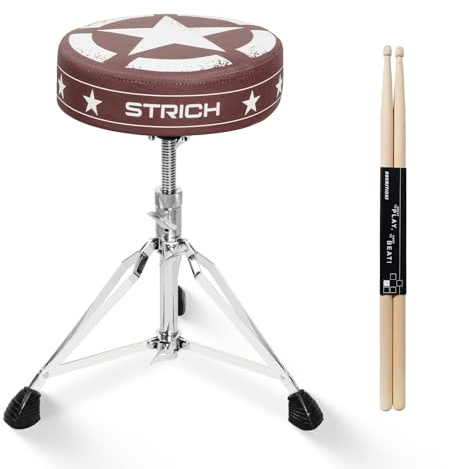 STRICH Drum Throne, Height Adjustable Padded Seat Drum Stool, Heavy Duty Swivel Drum Chair, Modern Elegant Edgy Graphic,Double Braced Padded Stool with 5A Drumsticks, SDB-20P, Brown