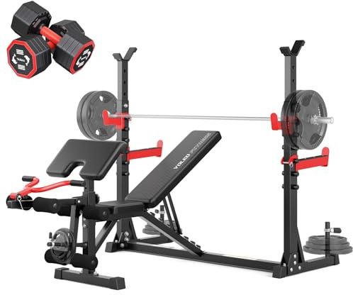 YOLEO Multifunktionale Klappbare Hantelbank Set mit 2 Kurzhanteln, Verstellbare Fitnessbank mit Langhantelablage & Beincurl, Flach/Schräg/Negativ Bankdrücken für Home Gym