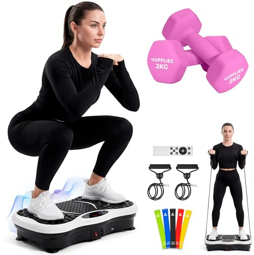 JUPPLIES Plataforma Vibratoria 200W - 5 Modos, 99 Velocidades, Bluetooth, Mando y 5 Bandas Elásticas - Plataforma Vibración Muscular para Adelgazar y Tonificar (Plataforma + 2 Mancuernas de 2kg)