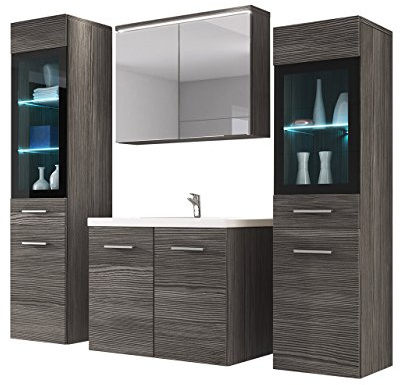 Udine II - Set di mobili da bagno con lavabo e sifone, bagno moderno, completo, con specchio, mobiletto per lavabo, armadietto alto, senza illuminazione, Bodega