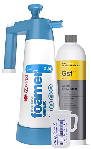 detailmate Vorwäsche Set: Koch Chemie GSF Gentle Snow Foam, Reinigungsschaum - Shampoo - Insektenlöser, Venus Super Foamer Cleaning Pro+ Viton 2L Box 2018 Model mit Box und Zubehör + Messbecher 50 ml