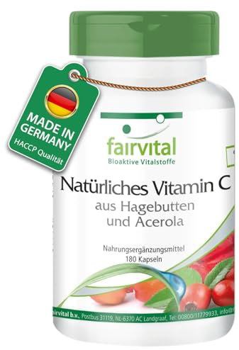 Fairvital | Vitamine C Naturelle issu de Cynorrhodon et Acérola - 256mg de Vitamine C - 180 gélules