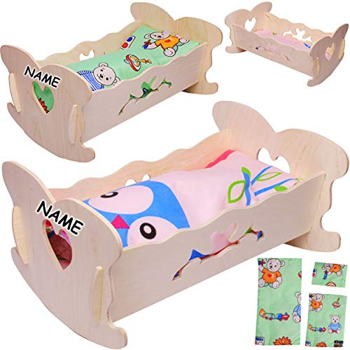 alles-meine.de GmbH Wiegenset: Holz - Puppenwiege - 36 cm groß - inkl. Name - mit Bettzeug - Herz - Bett Naturholz - Holzwiege - Puppen klein - Matratze Decke & Kopfkissen - Mädc..