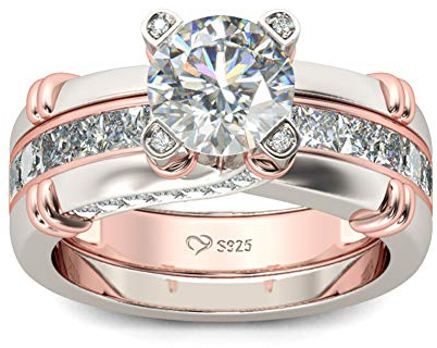 Jeulia Diamant Band Ringe Dame Sterling Silber Ring Hochzeitring Verlobung Jahrestag Versprechen Braut Sets Ring für Frauen und Mädchen Mit Geschenkbox (1Rose Gold, 66 (21.0))