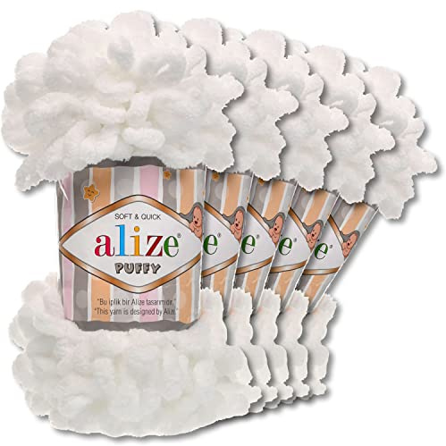 Wohnkult Alize 5 x 100 g Puffy Wolle Chenille Schlaufenwolle Häkeln und Stricken ohne Hilfsmittel Kleidung Accesoire Decken Teppiche (55 | Weiß)
