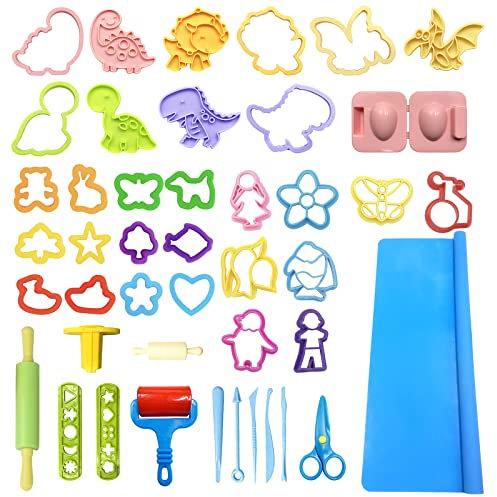 VAIYNWOM Pasta da Modellare per Plastilina, 47 Pezzi Formine Utensili per Plastilina Forme Forbici Mattarello Stampi per Ortaggi Frutta e Dinosauro Animale, Tappetino, A