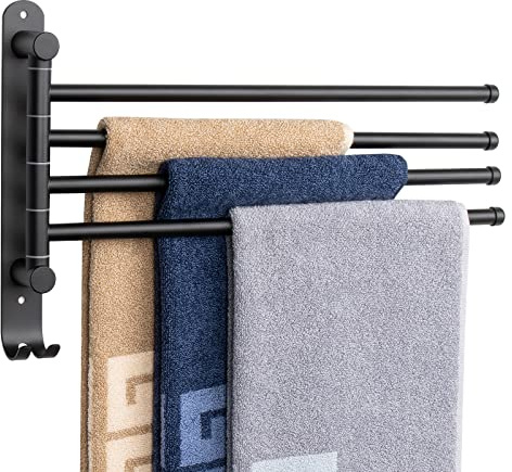 NearMoon Swivel Towel Rack, 13.8 Thicken 304 Stainless Steel 4-Arm Towel Bar, Space Saving Wall Mounted Towel Holder with Hook, Rustproof Swing Out Towel Hanger for Bathroom, Kitchen (Matte Black)