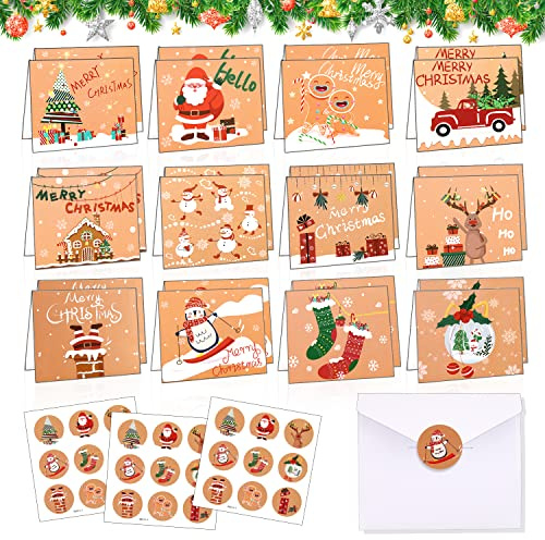 24PCS Weihnachtskarten mit Umschlägen, Weihnachten Kraftpapier Klappkarten, Weihnachtskarten mit Umschlägen, Weihnachtspostkarten Klappkarten, Weihnachtspostkarten für Kinder Familie Freunde Kunden