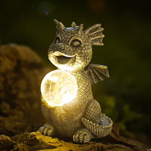 Goodeco Dragon Statue Garden Ornaments Solar Powered LED Lights, outdoor Garden Dragons Figurine with Gazing Ball Dragon Decoration for Patio Lawn Yard Decor gifts for Men/Women/Mom Birthday Grey 19cm