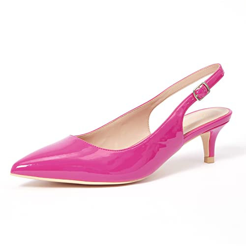 GENSHUO Womens Kitten Heel Shoes Pointed Toe Slingback Court Shoes Elegant Low Heels for Wedding Evening Patent Fuchsia 4.5 UK