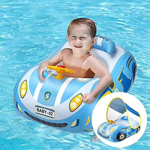 Inflatable Baby Swimming Float - SPF50+ Baby Pool Float with Canopy and Adjustable Back Straps, Baby Swimming Ring with Anti-Flip Tail over 3 years old10-20KG)