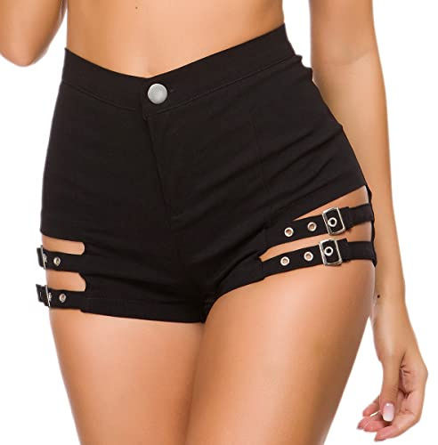 IWEMEK Kurze Lederhose Damen Schwarz High Waist PU Ledershorts Rave Pole Dance Booty Shorts Party Outfit Nachtclub Gothic Kurze Hose Lackhose Hotpants Sexy Clubwear Schwarz 05 M