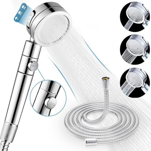 Handheld Shower Head, 3 Spray Modes High Pressure Shower Head and 2m Hose Set, Powerful Shower Heads to Increase Pressure, Water Saving Showerhead with 360° Degrees Rotating/Stop Button, Chrome