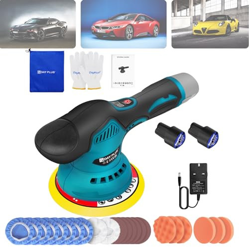 Cordless Buffer Polisher with Battery and Charger, 8 Variable Speeds Car Polishers and Buffers Portable Electric Car Polisher, 2800-5500r/min, 2x2000mAh Batteries, 125mm-150mm Disc Diameter