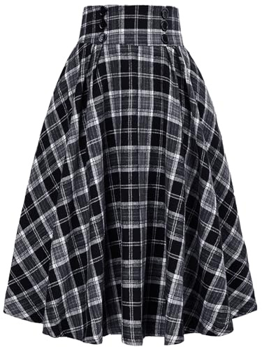 DayaEmmoTQ Gonna a mezza lunghezza vintage elegante per l'inverno A-Line a vita alta a mezza lunghezza Gonna plissettata Gonne casual Gonne elastiche Gonna a cerchio Gonna autunnale scozzese, Nero , L