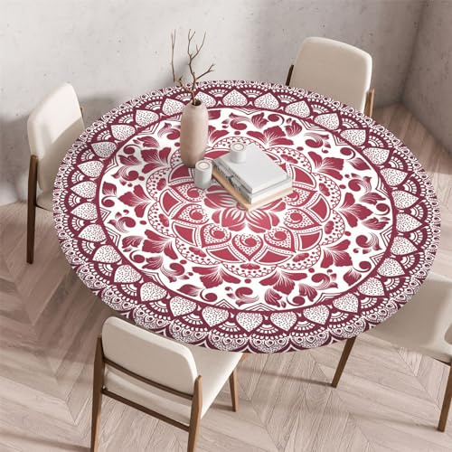 Highdi 3D Elastische Tischdecke Rund Abwaschbar, Spanntischdecke Rund Gartentischdecke Outdoor Round Tischdecke mit Gummizug für Esszimmer, Küche und Picknick (80cm,Mandala 1)