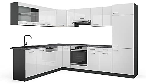 Vicco Eckküche R-Line, Weiß Hochglanz/Anthrazit, 287 x 227 cm | 12 Module · Höhenverstellbare Füße · AP Anthrazit inkl. · Robuste Fronten · Mit Kühlschrankumbauschrank