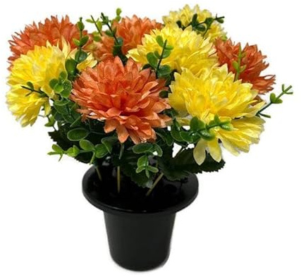 AFS Artificial Chrysanthemum Grave Pot - Orange & Yellow - Memorial Flowers
